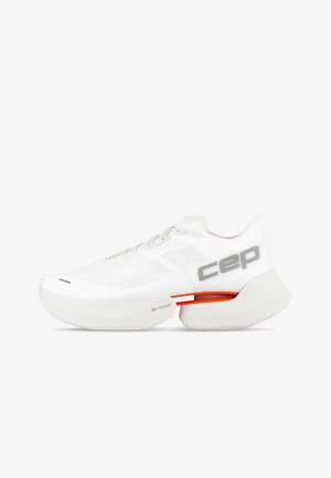 White athletic shoe with thick, segmented sole, gray "cep" logo, and orange support detail under the arch, designed for running or training.
