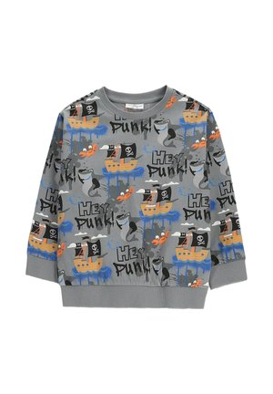 Szara dziecięca bluza z pirackimi statkami, rekinami, krabami i napisem „Hey Punk!” w kolorowym, zabawnym wzorze.