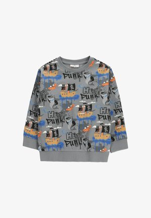 Szara dziecięca bluza z pirackimi statkami, rekinami, krabami i napisem „Hey Punk!” w kolorowym, zabawnym wzorze.