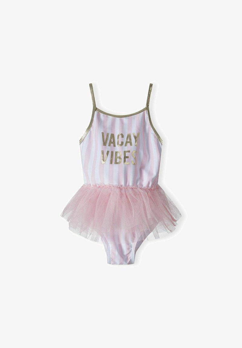 Enodelno kopalke z roza in belimi črtami, zlatimi detajli in til krilom. Besedilo pravi "VACAY VIBES" v zlatem foliji.