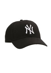 Casquette de baseball noire en coton avec une visière courbée. Présente un logo "NY" brodé en blanc à l'avant. Design structuré.