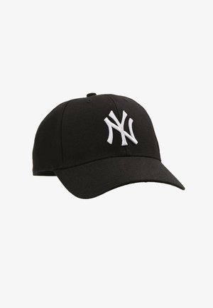 Black baseball cap made of cotton with a curved brim. Features a white embroidered "NY" logo on the front. Structured design.
