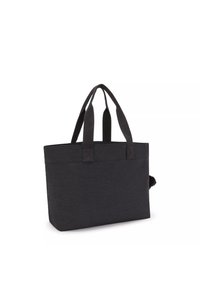 Borsa a mano in tessuto nero con due manici superiori, forma rettangolare, base piatta, superficie testurizzata e un dettaglio pom-pom su un lato.