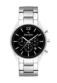 Silver stainless steel chronograph watch with a black dial, white hour markers, three sub-dials, and a date function at the 4 o'clock position.