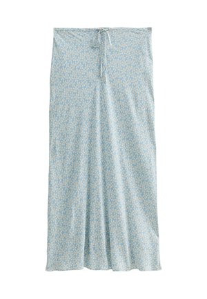Falda azul clara con patrón floral blanco, hecha de tela suave, cuenta con un cordón en la cintura y una silueta recta.