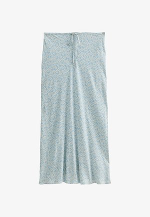 Gonna azzurra chiara con motivo floreale bianco, realizzata in tessuto morbido, presenta un laccetto regolabile in vita e una silhouette dritta.