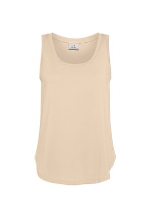 Beige tank top made of soft fabric, featuring a rounded neckline, sleeveless design, and a slightly curved hem. Clean and simple lines.