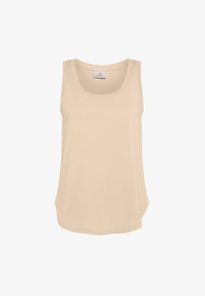 Beige tank top made of soft fabric, featuring a rounded neckline, sleeveless design, and a slightly curved hem. Clean and simple lines.