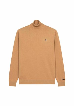 Hellbrauner Rollkragensweater aus weichem Strickmaterial. Mit gerippten Bündchen und Saum sowie einem kleinen schwarzen Logo auf der Brust.