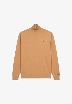 Hellbrauner Rollkragensweater aus weichem Strickmaterial. Mit gerippten Bündchen und Saum sowie einem kleinen schwarzen Logo auf der Brust.