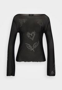 Svart långärmad genomskinlig topp med dekorativa silverdetaljer och en scalloped fåll. Slät textur med en avslappnad passform och bred halsringning.