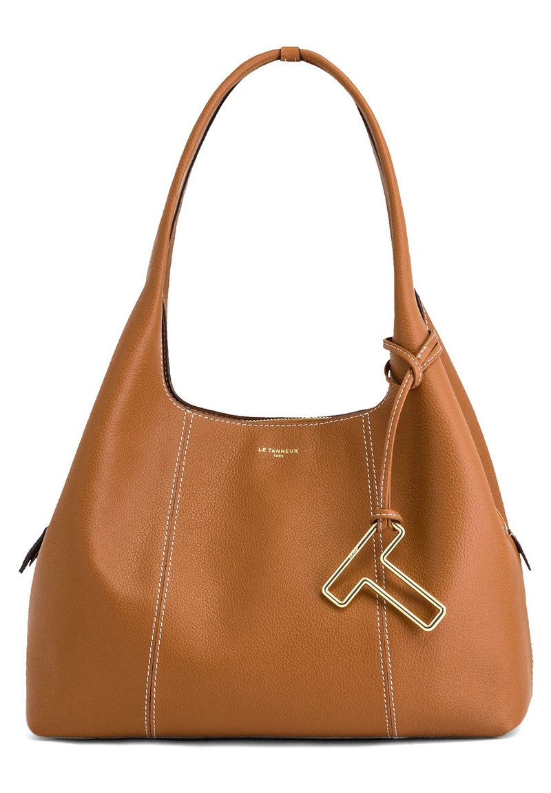 Borsa a tracolla in pelle marrone con una texture liscia, caratterizzata da cuciture bianche a contrasto, un dettaglio in metallo dorato e una sola tracolla.