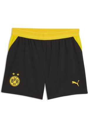 Sorte sportsshorts med gul taljebånd, Borussia Dortmund-logo på venstre ben og gult Puma-logo på højre ben.