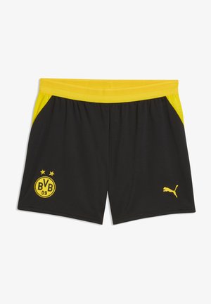 Zwarte sportshorts met een gele tailleband, Borussia Dortmund-logo op linkerbeen en geel Puma-logo op rechterbeen.