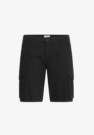 Juodos krovinių šortai su šoninėmis kišenėmis, pagaminti iš lengvos medžiagos. Turi mygtuką uždarymui ir klasikinį dizainą be raštų ar akcentų.