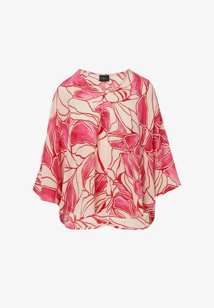 Bluse mit floralen Mustern in hellem Creme, großen rosa Blütenmustern, kurzen Ärmeln und lockerer Passform, hergestellt aus leichtem Stoff.