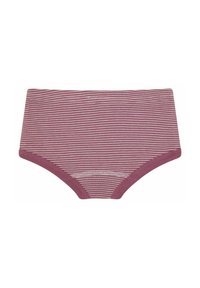 Gestreepte katoenen onderbroek met een hoge taille. Kenmerkt zich door een zachte textuur in gedempt roze en witte strepen, met een effen roze afwerking langs de randen.
