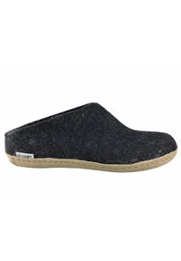 Black felt slipper with a soft texture, curved silhouette, and light-colored sole. Features minimal stitching and a small logo tag on the side.