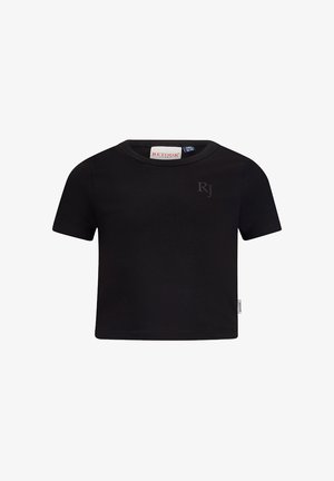 Schwarzes Kinder-T-Shirt mit kurzen Ärmeln, kleinem RJ-Logo auf der linken Brust sowie Retour-Markenetikett am Halsausschnitt und an der Seitennaht.