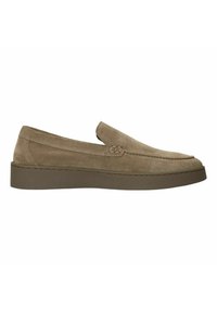 Suede slip-on shoes in a taupe color with a low platform sole. Features simple stitching and a rounded toe. Smooth texture overall.