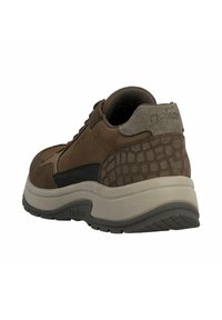 Brown leather sneaker with textured crocodile-patterned accents, dark blue paneling, padded collar, and a cushioned beige sole.