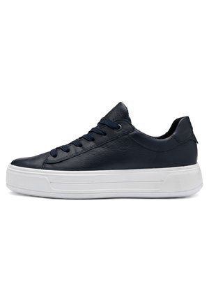 Low-top black leather sneaker with black laces and thick white rubber sole, shown in side profile on white background.
