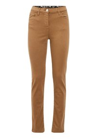 Pantalon marron ajusté avec une texture lisse, design à cinq poches et une taille standard avec fermeture à bouton et intérieur à motif.
