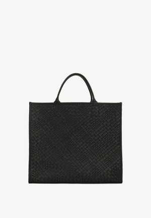 Sac fourre-tout en cuir tressé noir avec deux poignées arrondies, forme rectangulaire et surface texturée présentant un motif complexe.