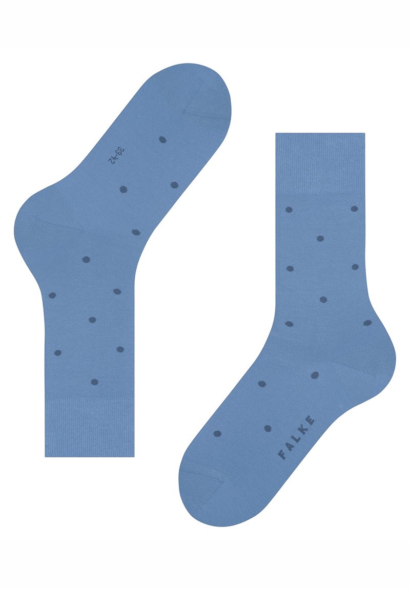 Chaussettes bleu clair avec un motif à pois bleu foncé. Fabriquées en matériau doux avec une texture lisse. Nom de marque 'FALKE' affiché.
