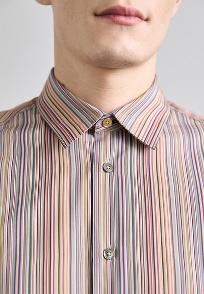 Striped shirt featuring thin vertical lines in multicolor hues. Made of smooth fabric, with a classic collar and two button fastenings.