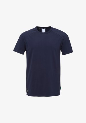 Mørkeblå kortærmet T-shirt lavet af glat bomuld, med rund halsudskæring og et lille logo-patch ved den nederste venstre kant.