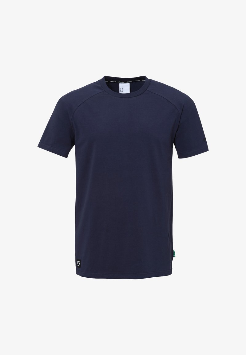 Mørkeblå kortærmet T-shirt lavet af glat bomuld, med rund halsudskæring og et lille logo-patch ved den nederste venstre kant.