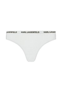 Valged tangapidžaamad musta "KARL LAGERFELD" logoga vöökohal, valmistatud pehmest kangast, iseloomulik lihtne disain ja sile tekstuur.