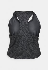 Top atlético preto sem mangas com um cost nas costas em estampa de leopardo. Apresenta uma gola arredondada e um design de costas nadador. Tecido suave e leve com uma textura subtil.