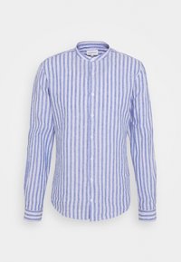 Niebiesko-biała koszula w paski z długim rękawem, kołnierzykiem typu stójka i zapinana na guziki z przodu. Wykonana z lekkiej tkaniny o gładkiej fakturze.