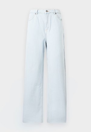 Heledatöötlusega kõrge vöökohaga teksad, laia sääreosaga, ees nupuga ja taskutega, kuvatud valgel taustal laotatuna.