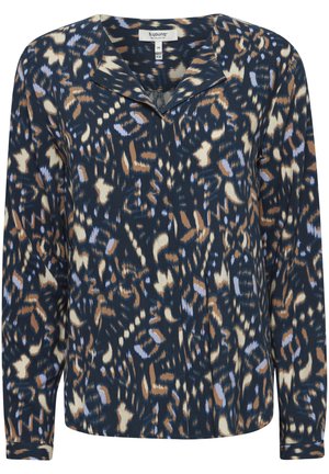 Langarmbluse in Dunkelblau mit einem abstrakten Muster in Braun, Creme und Hellblau. Glattes Material mit Kragen.