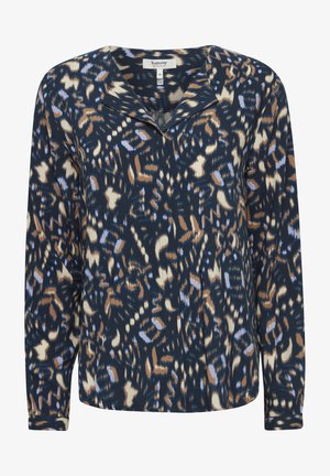 Langarmbluse in Dunkelblau mit einem abstrakten Muster in Braun, Creme und Hellblau. Glattes Material mit Kragen.