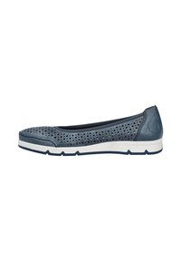 Blue perforated leather ballet flats with a rounded toe, white midsole, and a textured accent on the back. Flexible and lightweight design.
