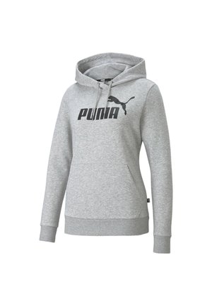 Sweat à capuche gris clair avec poche kangourou à l'avant et logo Puma noir ainsi que texte sur la poitrine.