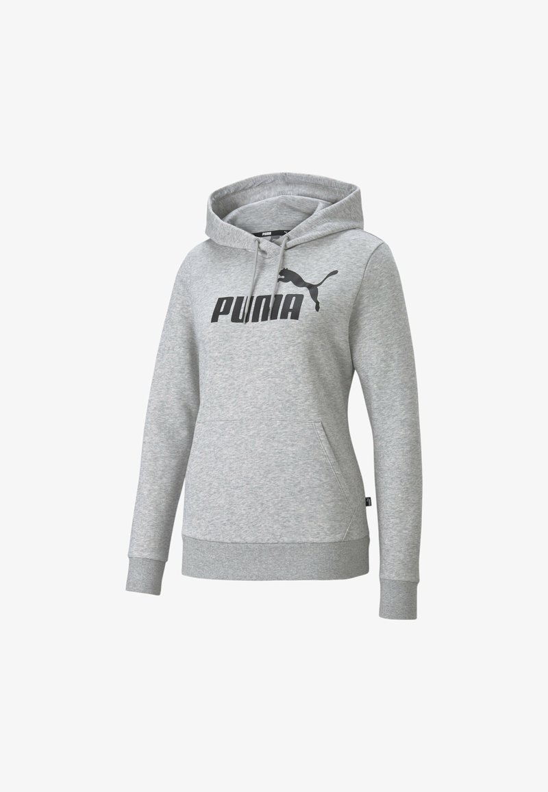 Sweat à capuche gris clair avec poche kangourou à l'avant et logo Puma noir ainsi que texte sur la poitrine.