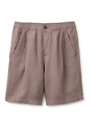 Pantaloncini casual marrone chiaro con vita elastica, chiusura con bottone, tasche laterali e patta frontale, realizzati in tessuto leggero.