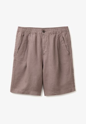 Pantalones cortos casuales de color marrón claro con cintura elástica, cierre de botón, bolsillos laterales y bragueta frontal, fabricados con tela ligera.