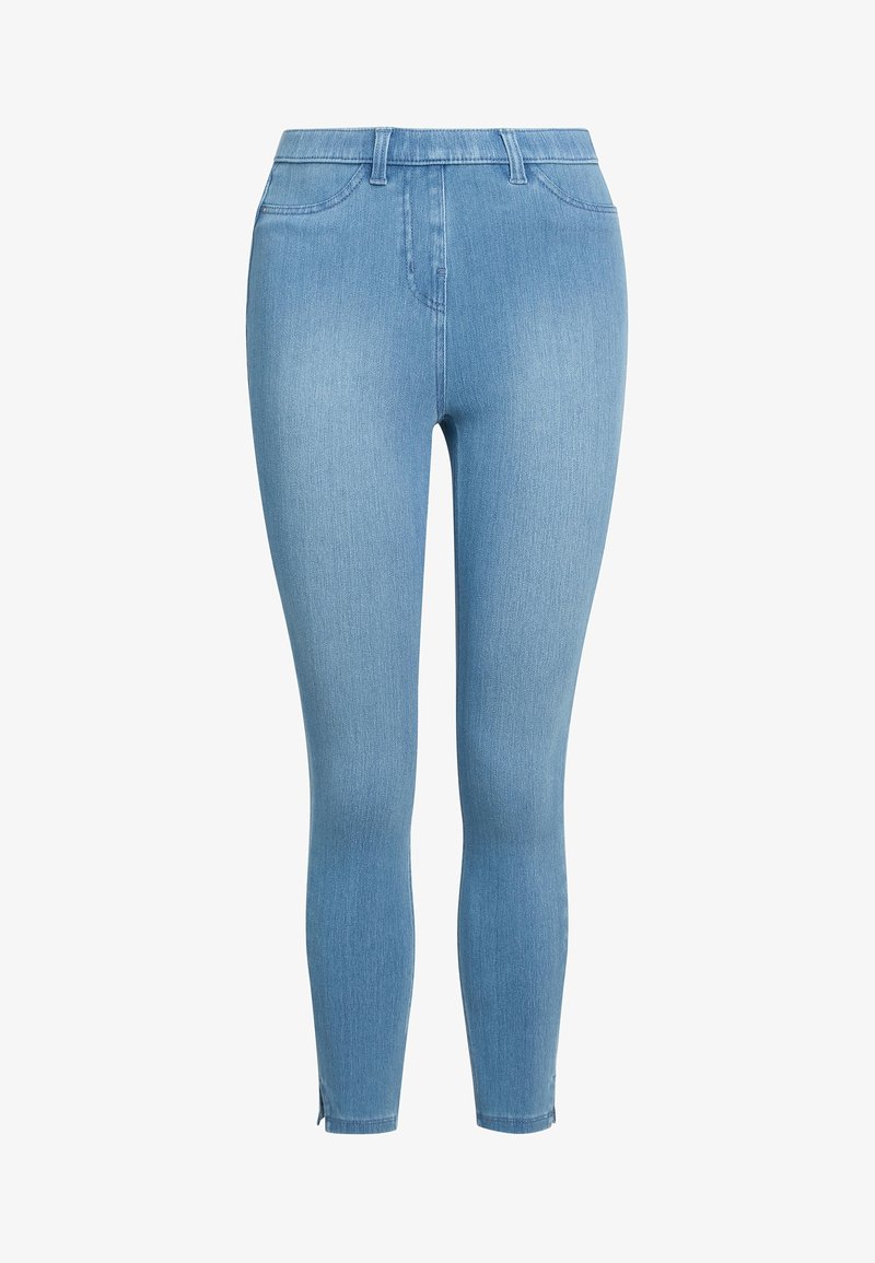 Vaqueros pitillo de mezclilla azul claro con una textura suave, que cuentan con una cintura de talle medio y cremalleras en los tobillos para un ajuste ajustable. Diseño clásico de cinco bolsillos.