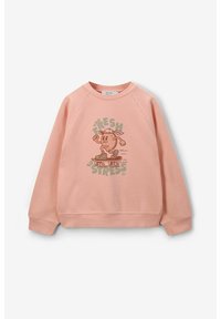 Sweatshirt de couleur pêche avec des manches raglan, présentant un graphique d'un personnage en train de faire du skateboard et le texte "FRESH TO STRESS" en vert.