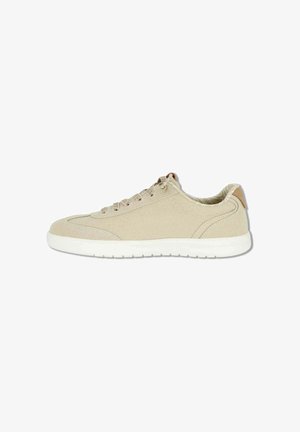 Sneaker beige basse con tomaia in tessuto, suola in gomma bianca, punta tondeggiante, chiusura con lacci e interno del collo imbottito con motivo a righe.
