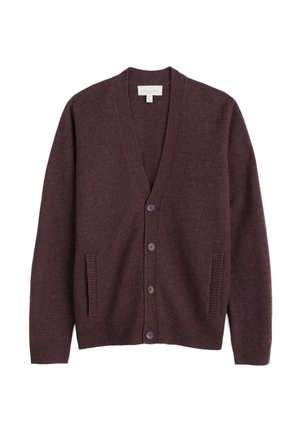 Maroon cardigan made of soft knit fabric, featuring a V-neck, six buttons, two side pockets, and ribbed cuffs and hem.