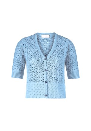 Gilet tricoté bleu clair avec un motif texturé, manches courtes, col en V et cinq boutons sur le devant.