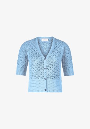 Light blue knitted cardigan with a textured pattern, short sleeves, a v-neck, and five button closures along the front.
