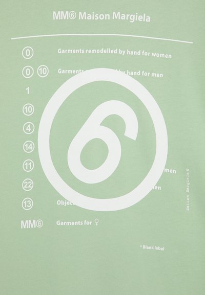 Ljusgrön t-shirt i bomull med en stor vit cirkulär design som innehåller text, siffror och varumärkning, vilket indikerar ett unikt designkoncept.